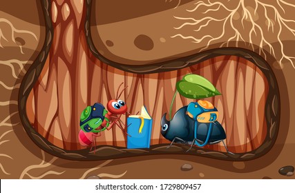 Insect learning in ant nest illustration
