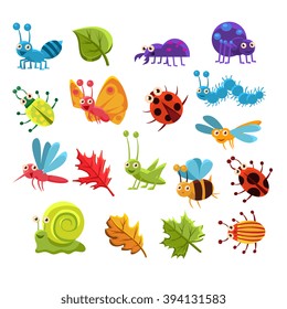 Insect And Leaves Collection Of Childish Characters Isolated Flat Colorful Vector Design On White Background