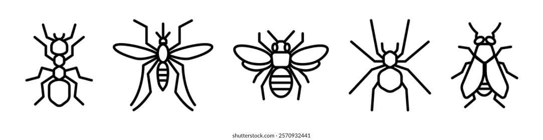 Insect Line Art Icons Ants, Bees, and Spiders Vector Set