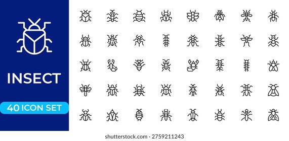Insect Line Icon Set – Professional Modern Minimal Outline Icons Collection for Bugs, Nature and Entomology Concepts, Vector Illustration