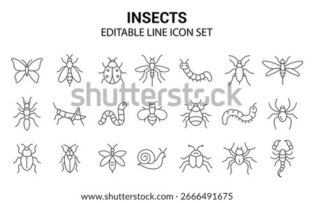 Insect Line Icons Set. Butterflies, Bees, Ladybugs, Spiders, Ants, Moths, and More. Vector Illustration.