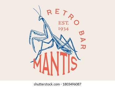 Insect logo. Vintage Bug Beetle Mantis label for bar or tattoo studio. Emblems badges, t-shirt typography. Engraved Vector illustration.