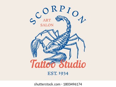 Insect logo. Vintage Scorpion label for bar or tattoo studio. Emblems badges, t-shirt typography. Engraved Vector illustration.