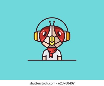Insect mascot. Fly. Headphones character. Vector Illustration
