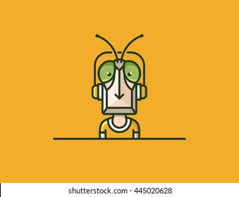 Insect mascot. Headphones character. locust man
