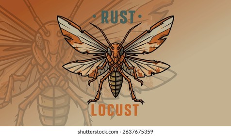 insect mascot, rust-colored bug, steampunk locust, creepy bug, robotic insect, gaming mascot, brown insect logo