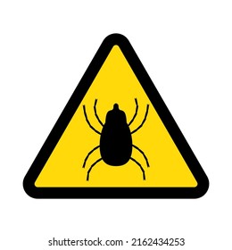 Insect mite, warning yellow triangular sign isolated on white background, vector illustration