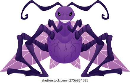 Insect monster flat icon. Cartoon scary purple moth dragonfly insect with sinister eyes and wings. Creepy dangerous fantasy pest bug vector illustration isolated. Alien creature