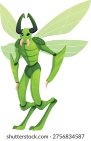 Insect monster flat icon. Cartoon scary green dragonfly insect with wings and fangs. Creepy dangerous fantasy pest bug vector illustration isolated on white background. Alien creature