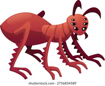 Insect monster flat icon. Cartoon scary brown beetle bug insect, grasshopper, ant with many eyes and fangs. Creepy dangerous fantasy bug vector illustration isolated. Alien creature