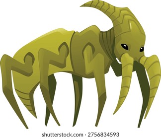 Insect monster flat icon. Cartoon scary green spider, beetle insect with horn and fangs. Creepy dangerous fantasy pest bug vector illustration isolated on white background. Alien creature