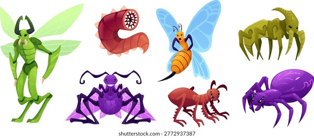Insect monster flat icons vector set. Cartoon scary spider, beetle, bee, ant, moth and worm with many eyes and fangs. Creepy dangerous fantasy bugs isolated. Alien creatures