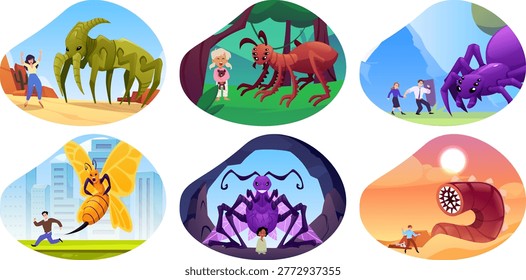 Insect monster scares people on nature or city scape. Cartoon scary spider, beetle, bee, ant, moth and worm attacks. Creepy dangerous fantasy pest bug vector flat illustrations set isolated in frame