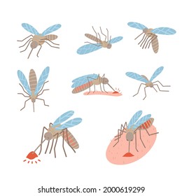 Plaga de mosquitos de insectos para aceite repelente, spray y parches, afiche. Colección de mosquitos voladores, mentirosos, que chupan sangre. Ilustración vectorial plana.