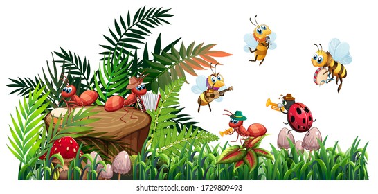 Insect music band playing in nature illustration