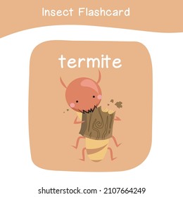 Insect name and cute cartoon image flashcard. Cute flashcards for preschool children. Educational printable game cards. Bugs collections. Colorful printable flashcard. Vector illustration.