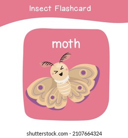 Insect name and cute cartoon image flashcard. Cute flashcards for preschool children. Educational printable game cards. Bugs collections. Colorful printable flashcard. Vector illustration.