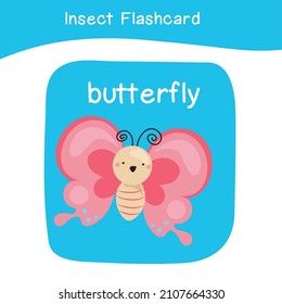 Insektenname und süße Cartoon-Bild-Taschenkarte. Klare Taschenkarten für Vorschulkinder. Lernfähige Spielkarten. Beugs Sammlungen. Farbige, druckbare Taschenkarte. Vektorgrafik.