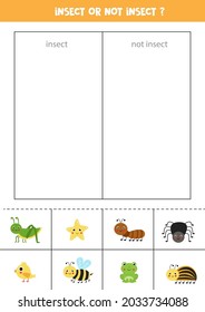 Insect or not insect. Cut pictures and sort them into categories. Logical game for kids.