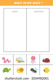 Insect or not insect. Cut pictures and sort them into categories. Logical game for kids.