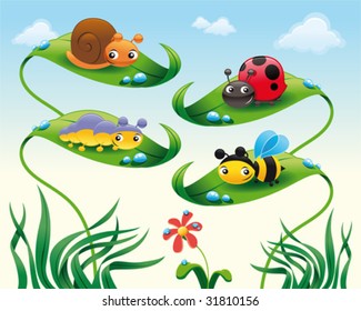 Insect on the leaves. Cartoon and vector illustration, isolated objects