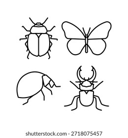Insect Outline Icon Set. Beetle, Butterfly, Bug Line Art Vector