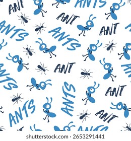 Insect Pattern with Ant Cartoon and Silhouettes. Seamless cartoon pattern of blue ants cartoon and silhouette. Ideal for kid design , insect themes, and educational projects.