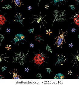 Insect pattern. Garden embroidery branch and beetle, silk stitch vintage ethnic seamless texture. Flowers and spider, ladybug. Nowaday vector design for textile