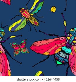 insect pattern.fly insect.hand drawn fly. lines. decorative element. wings and foot.blue background