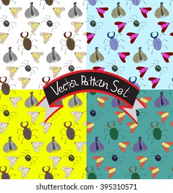 insect pattern set. fly, bug, spider and bee vector seamless texture, background. cartoon, hand drawn illustration