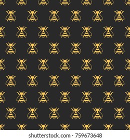 Insect pattern. Vector modern seamless pattern with outline golden bees isolated on black background.