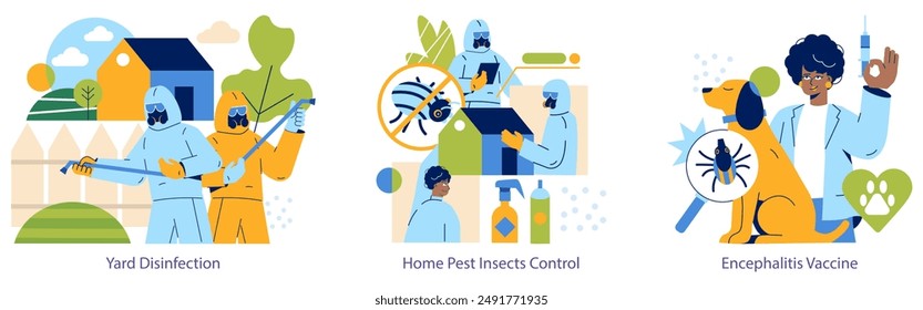 Control de plagas de insectos. Ilustra exterminadores en acción y vacunación para encefalitis. Métodos de protección contra infestaciones de insectos. Ilustración vectorial.