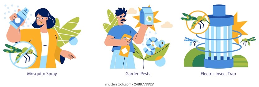 Insect Pest Control set. People use various methods to eliminate bugs. From sprays to electric traps, safeguarding health and gardens. Vector illustration.