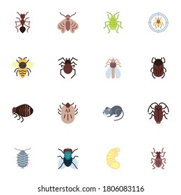 Colección de plagas de insectos, conjunto de iconos planos, Paquete de símbolos coloridos contiene - hormiga, polilla, escarabajo, insecto, cucaracha, ratón de roedor, rata, avispa, mosca, ácaro. Ilustración vectorial. Diseño de estilo plano