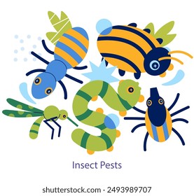 Insect pests concept. Colorful illustration of common agricultural and household pests. Ant, bee, caterpillar, and beetle in playful design. Vector illustration.