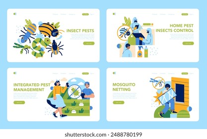 Insect Pests set. Various pest control methods from home insecticides to mosquito netting. Eco-friendly solutions and professional extermination services. Vector illustration.