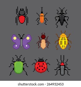 Insect pixel icons set. Old school computer graphic style.