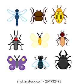 Insect pixel icons set. Old school computer graphic style.