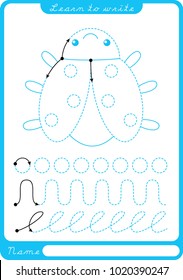 Insect. Preschool Worksheet For Practicing Fine Motor Skills - Tracing Dashed Lines. Tracing Worksheet.  Illustration And Vector Outline - A4 Paper Ready To Print.