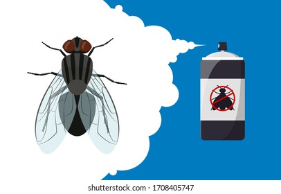 Insect repellent banner concept. Fly repellent aerosol. Pest, insect and bug control spray bottle. Cartoon fly