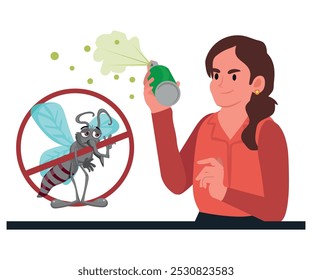 Insect Repellent Concept. A smiling woman confidently uses mosquito spray, symbolizing protection against bugs. Control of flying pests. Vector illustration.