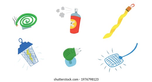 Insect repellent. Insect destruction set. Bug spray, mosquito repellent,fly swatter, fumigation, fly tape, mosquito trap. Vector cartoon illustration