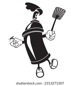 Insect Repellent with a fly swatter in hand sprays spray from a spray bottle