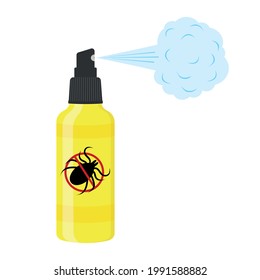Insect repellent lotion with spray steam and killing mite sign. Anti tick agent isolated on white background. Lyme disease and encephalitis prevention. Vector cartoon illustration.