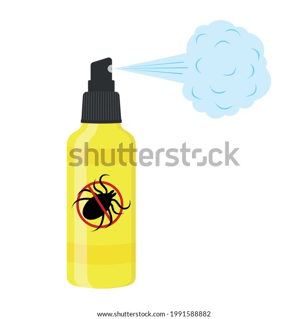 Insect repellent\
lotion with spray steam and killing mite sign. Anti tick agent\
isolated on white background. Lyme disease and encephalitis\
prevention. Vector cartoon\
illustration.