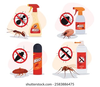 Insect repellent spray. Removal of pests from the house. Cleaning the premises from insects. Vector illustration