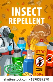 Insect repellents for home disinfection and pest control banner. Worker in chemical protection suit and gas mask holding fumigation machine, insecticide spray and mosquito coil repellent vector