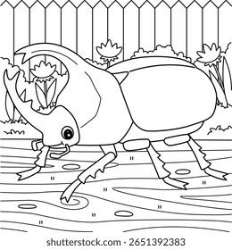 Página de coloração animal do besouro do rinoceronte-inseto 