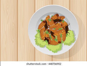 insect roasted dish on wooden table
