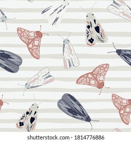 Insect seamless doodle pattern with mole silhouettes. Beige, navy blue and grey tone wild animals. Stripped background. Great for wallpaper, textile, wrapping paper, fabric print. Vector illustration.